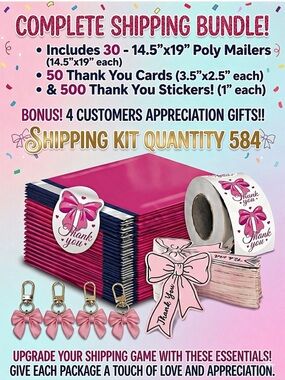 30 Large Poly Mailers, 50 Cards, 500 Stickers + 4 Customer Appreciation Gifts